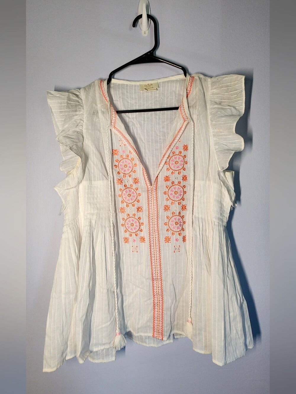 Kate Spade- Lightweight White Embroidered Flutter-Sleeve Top